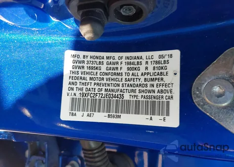 2018 Honda Civic Ex из США, поврежденный, VIN 19XFC2F72JE034435